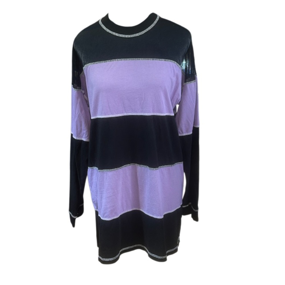 The Ragged Priest Purple and Black Striped Mesh Long Sleeve Tunic Dress